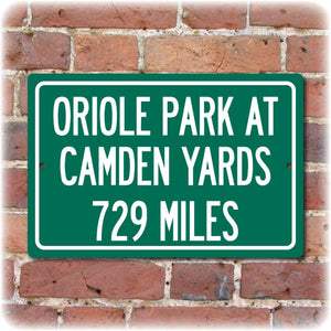 Personalized Highway Distance Sign To: Oriole Park at Camden Yards, Home of the Balitomore Orioles